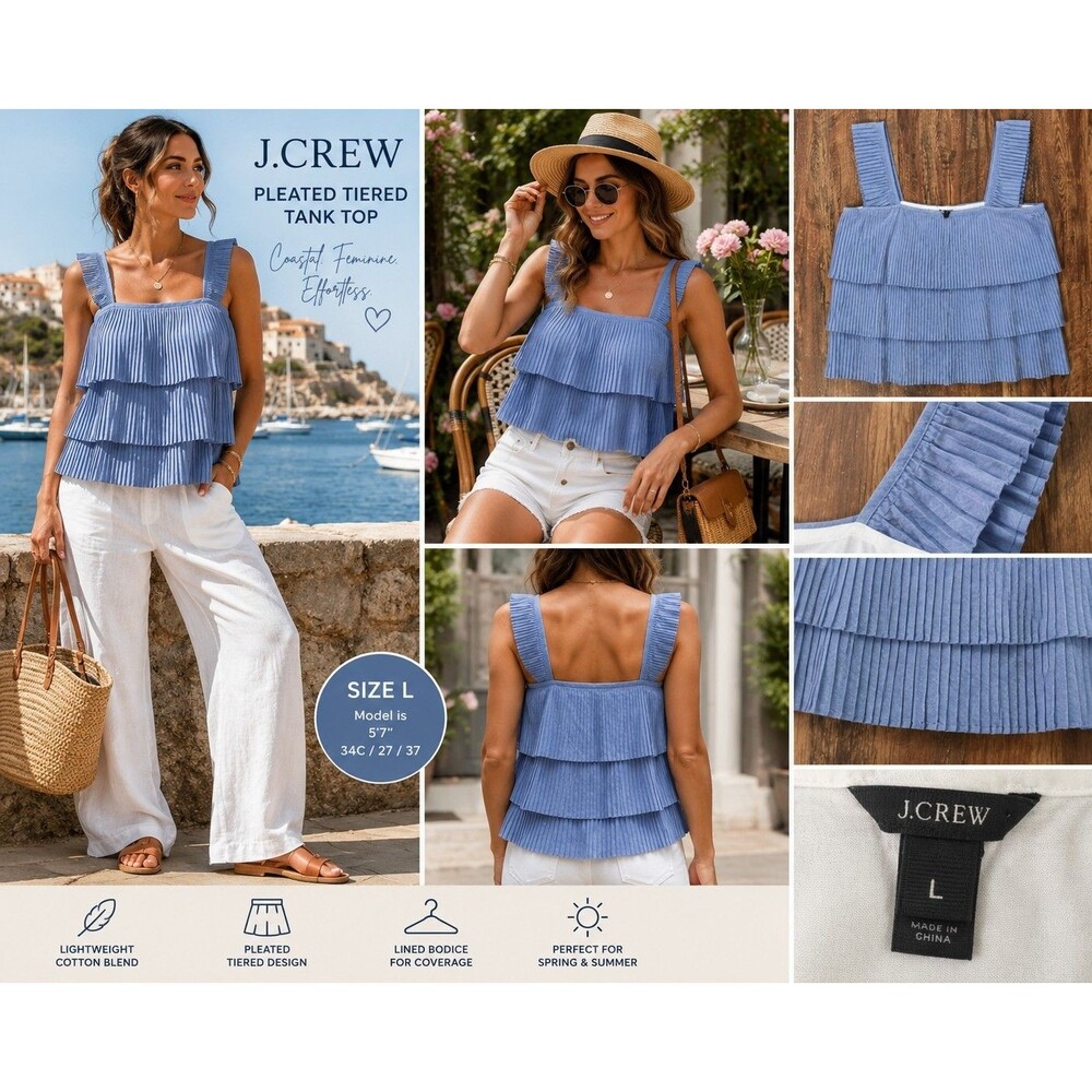 J.CREW Women L Pleated Tiered Chambray Blue Tank Top Coastal Romantic Boho Chic